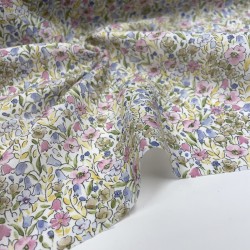 Voile di cotone Bio, Fiori Celesti e Viola con Foglie Verdi.
