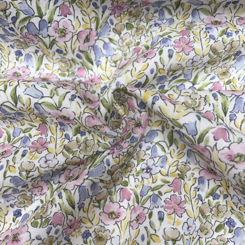 Voile di cotone Bio, Fiori Celesti e Viola con...