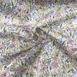 Voile di cotone Bio, Fiori Celesti e Viola con Foglie Verdi.