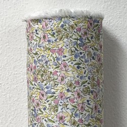 Voile di cotone Bio, Fiori Celesti e Viola con Foglie Verdi.