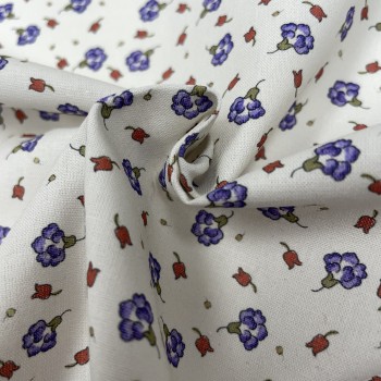 Cotone Viena Bio, Bianco con fiorellini Viola e Rossi