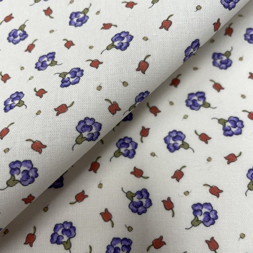Cotone Viena Bio, Bianco con fiorellini Viola e...