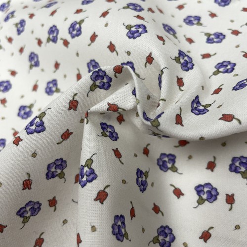 Cotone Viena Bio, Bianco con fiorellini Viola e...
