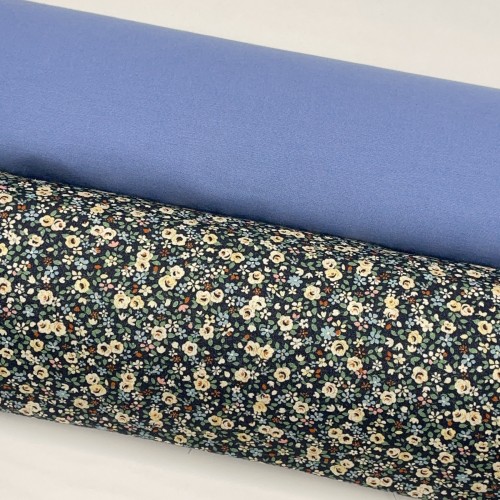 Cotone Popeline, Base Blu con Fiori Ocra  e...