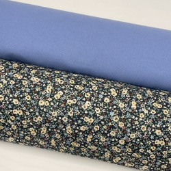 Cotone Popeline, Base Blu con Fiori Ocra  e foglie Verdi