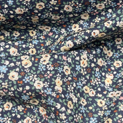 Cotone Popeline, Base Blu con Fiori Ocra  e...