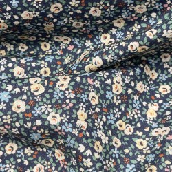 Cotone Popeline, Base Blu con Fiori Ocra  e foglie Verdi