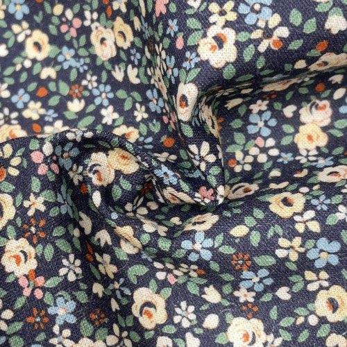 Cotone Popeline, Base Blu con Fiori Ocra  e...