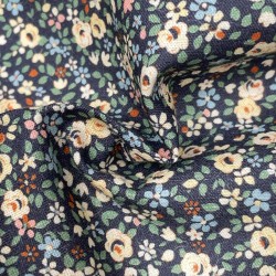 Cotone Popeline, Base Blu con Fiori Ocra  e foglie Verdi