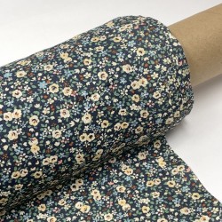 Cotone Popeline, Base Blu con Fiori Ocra  e foglie Verdi