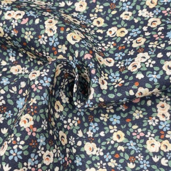 Cotone Popeline, Base Blu con Fiori Ocra  e foglie Verdi