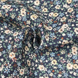 Cotone Popeline, Base Blu con Fiori Ocra  e foglie Verdi