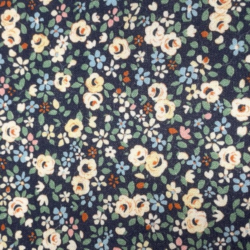 Cotone Popeline, Base Blu con Fiori Ocra  e...