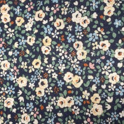 Cotone Popeline, Base Blu con Fiori Ocra  e foglie Verdi