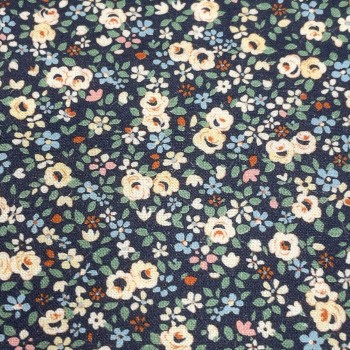 Cotone Popeline, Base Blu con Fiori Ocra  e foglie Verdi 2