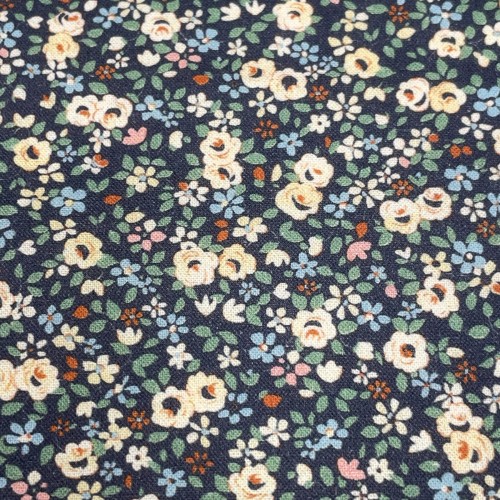 Cotone Popeline, Base Blu con Fiori Ocra  e...
