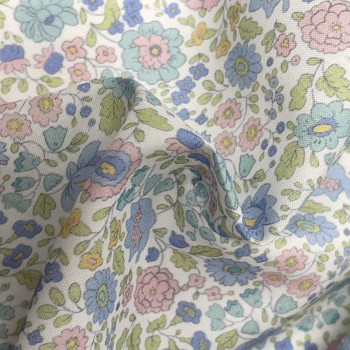 Cotone Stampato, Fiori Celesti e Rosa con Foglie Verdi