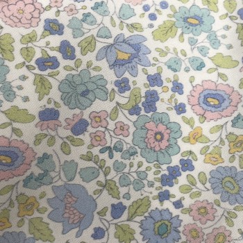 Cotone Stampato, Fiori Celesti e Rosa con Foglie Verdi 2