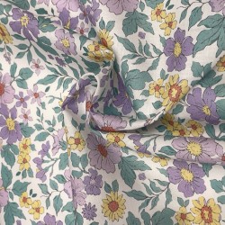Cotone Stampato, Fiori Viola e Gialli con Foglie Verdi