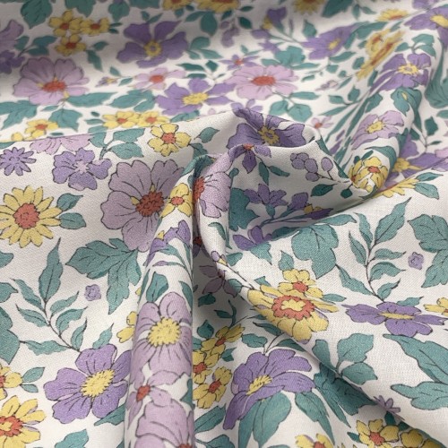 Cotone Stampato, Fiori Viola e Gialli con...