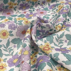 Cotone Stampato, Fiori Viola e Gialli con Foglie Verdi