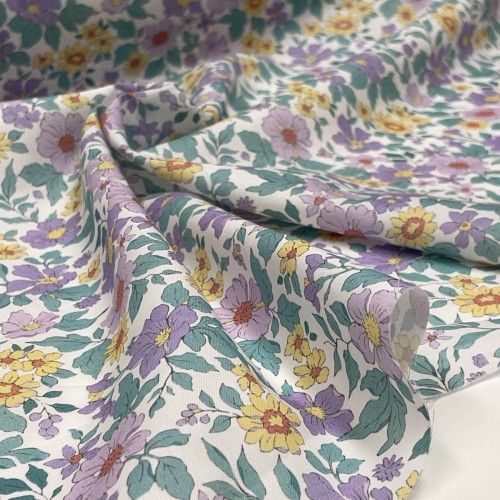 Cotone Stampato, Fiori Viola e Gialli con...