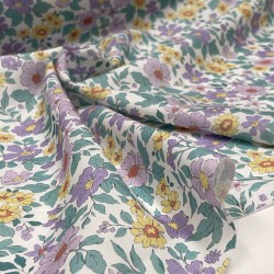 Cotone Stampato, Fiori Viola e Gialli con Foglie Verdi