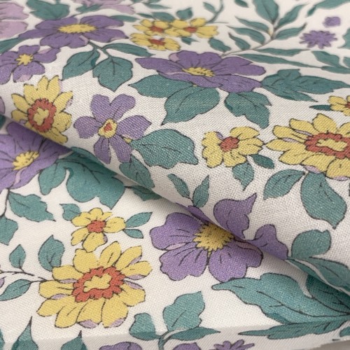 Cotone Stampato, Fiori Viola e Gialli con...