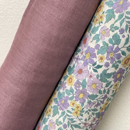 Cotone Stampato, Fiori Viola e Gialli con...