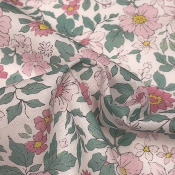 Cotone Stampato, Fiori Rosa, Rossi e Foglie Verdi