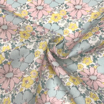Cotone Stampato, Fiori Celesti e Rosa