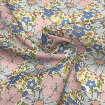 Cotone Stampato, Fiori Rosa, Celesti e Gialli 2