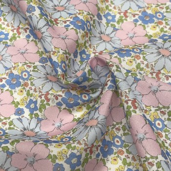 Cotone Stampato, Fiori Rosa, Celesti e Gialli