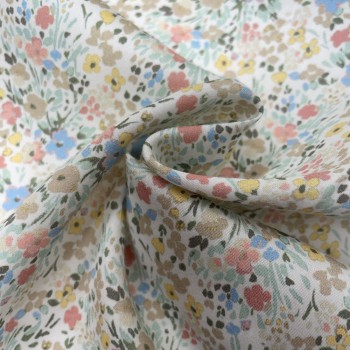 Cotone Popeline 80, Fiori Gialli, Celesti e Rosso corallo