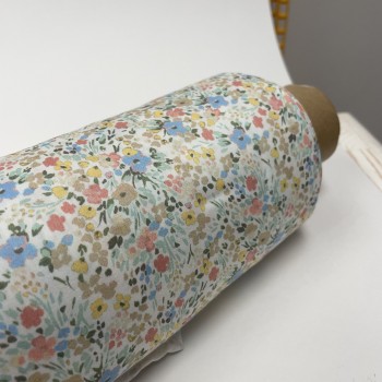 Cotone Popeline 80, Fiori Gialli, Celesti e Rosso corallo 2