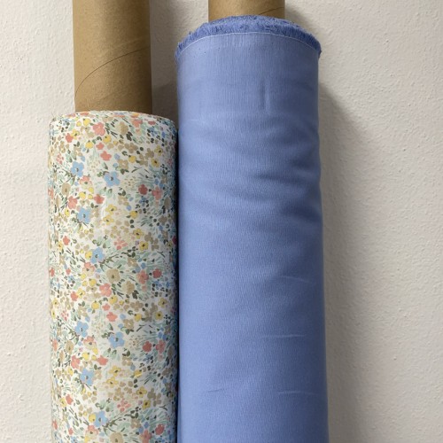 Cotone Popeline 80, Fiori Gialli, Celesti e...