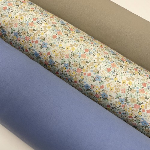 Cotone Popeline 80, Fiori Gialli, Celesti e...