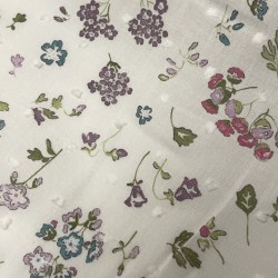 Plumeti stampato con ricamo in rilievo,Base Bianca e Fiori Rosa e Viola