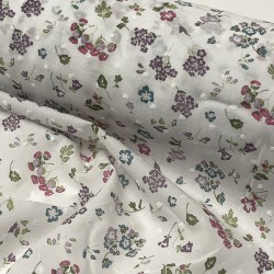 Plumeti stampato con ricamo in rilievo,Base Bianca e Fiori Rosa e Viola