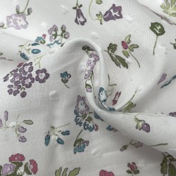 Plumeti stampato con ricamo in rilievo,Base Bianca e Fiori Rosa e Viola