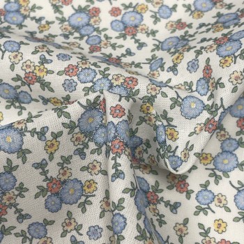 Cotone Popeline, Base Bianca con Fiori Azzurri, Rosa e...