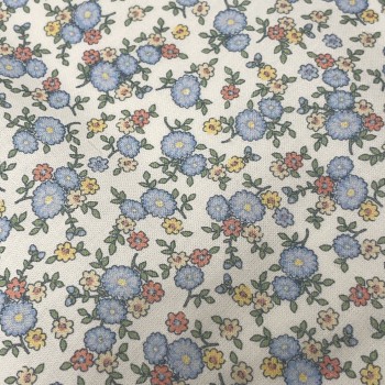 Cotone Popeline, Base Bianca con Fiori Azzurri, Rosa e... 2