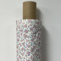 Cotone Popeline, Base Bianca con Fiori Rosa e foglie Verdii