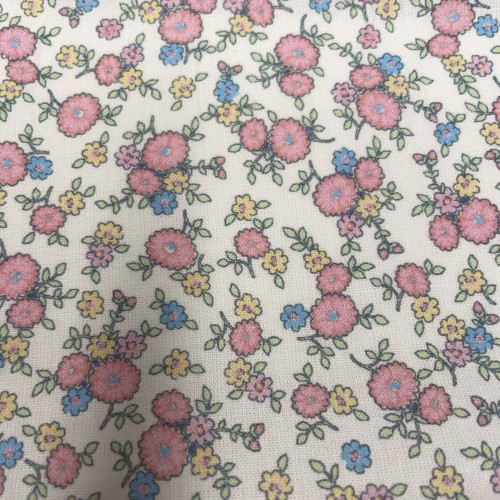 Cotone Popeline, Base Bianca con Fiori Rosa e...