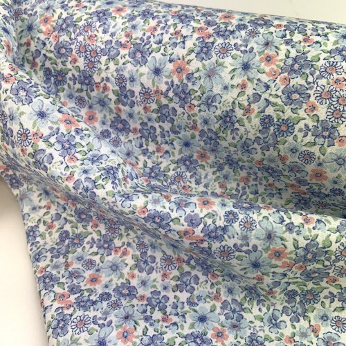 Voile Stampato, Bianco con fiorellini celesti