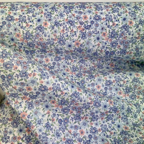 Voile Stampato, Bianco con fiorellini celesti