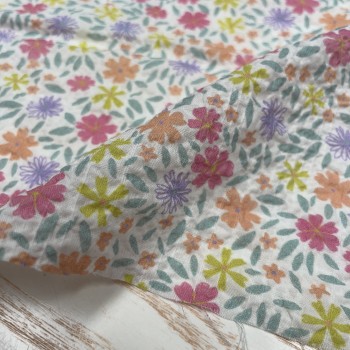 Cotone Goffrato Floreale, Fiori Rosa,Gialli e Turchesi 2
