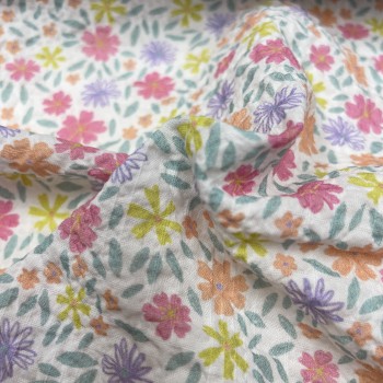 Cotone Goffrato Floreale, Fiori Rosa,Gialli e Turchesi
