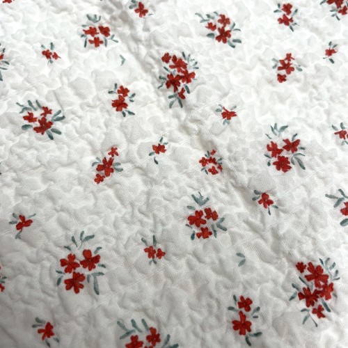 Cotone Goffrato Floreale, Bianco con Fiori Rossi