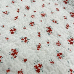Cotone Goffrato Floreale, Bianco con Fiori Rossi